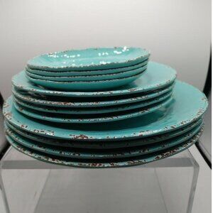 Tommy Bahama Melamine Turquoise Crackle Dinnerware Set Of 12 Rustic Edge Design